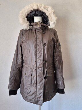 UGG Down Removeable Lamb Fur Trim Hooded Parka Winter Coat Jacket Brown